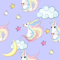 Seamless pattern with cute unicorns, stars, hearts, rainbow, moon, doodle abstractions. Magic endless background with little unicorns.