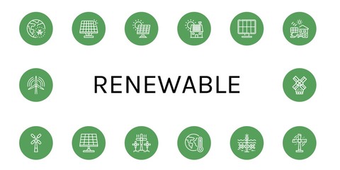 Set of renewable icons such as Global warming, Renewable energy, Solar energy, Solar panel, Solar cell, Windmill, Tidal, Turbine, Wind turbine , renewable