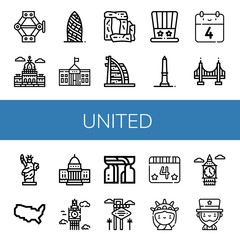 Set of united icons such as Jack, Capitol, Gherkin, White house, Stonehenge, Burj al arab, Independence day, Washington monument, th of july, Golden gate, Statue of liberty , united
