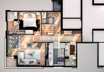 3d render apartment floor plan - obrazy, fototapety, plakaty