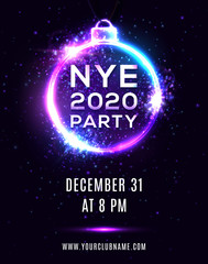 New Year Eve 2020 party poster on dark blue background. NYE beautiful holiday banner, hanging Xmas ball shape electric circle frame. Disco night flyer invitation design template vector illustration.