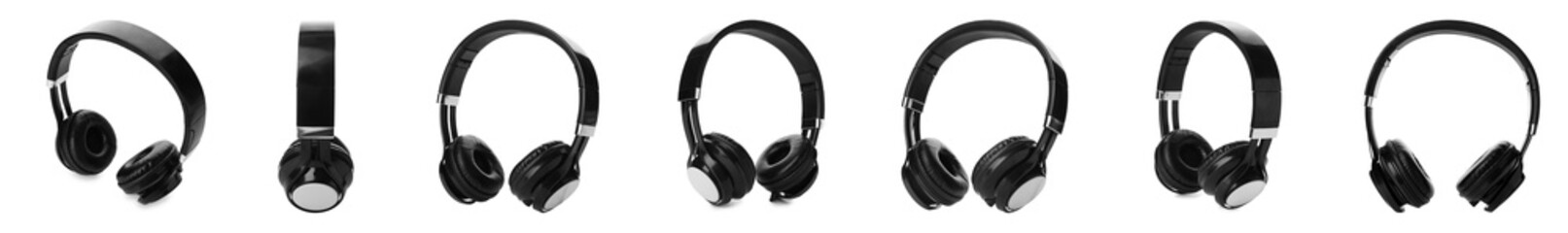 Set of modern black headphones on white background. Banner design