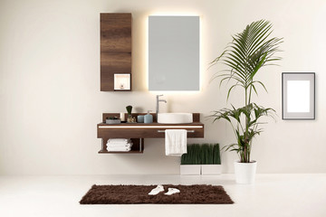 brown cupboard designed clean bathroom decorative lamp