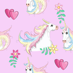 Obraz na płótnie Canvas Cute unicorns seamless pattern. Kids pattern with unicorns, flowers, balloons, clouds and rainbow
