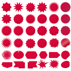 Starburst seals set, Bursting rays clip art. Red sparkles. Sale sticker. Vector