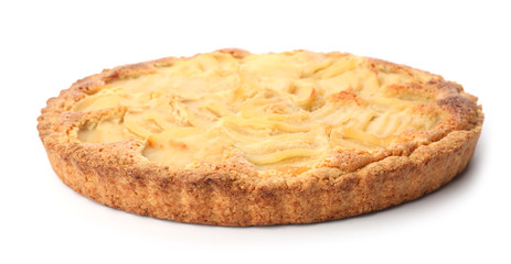 Delicious sweet pear tart on white background