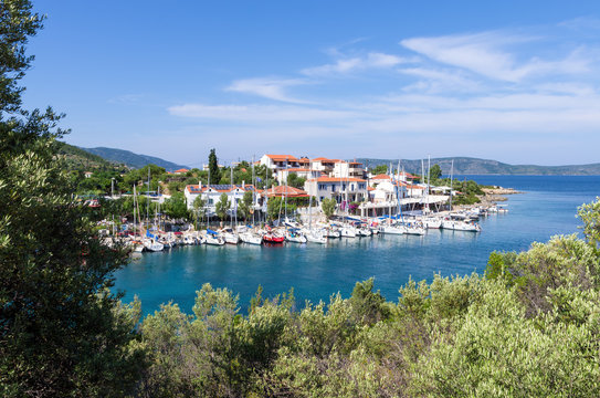 View to the picturesque little harbor of Steni Vala village, Alonnisos island, Greece