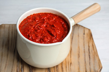 Delicious tomato sauce in pan, closeup view
