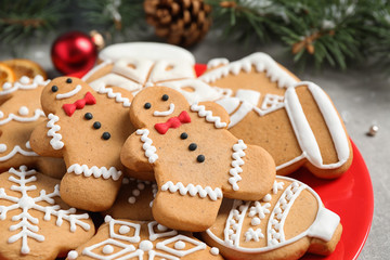 Tasty homemade Christmas cookies on red plate, closeup view