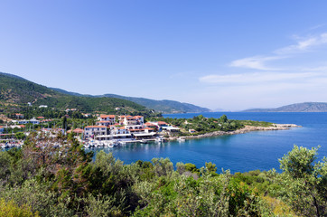 Fototapeta na wymiar View to the picturesque little harbor of Steni Vala village, Alonnisos island, Greece