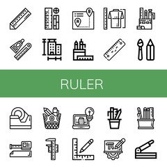 Set of ruler icons such as Ruler, Glue, Rulers, Measure, Itinerary, Pencil case, Stationery, Paint tools, Tape, Measure tape, Measuring, Architecture, Mathematics, Paper cutter , ruler