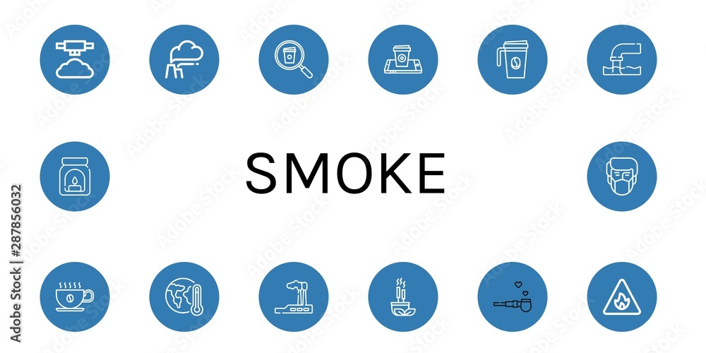 Wall mural set of smoke icons such as mist, pollution, coffee cup, global warming, industry, incense, pipe of p