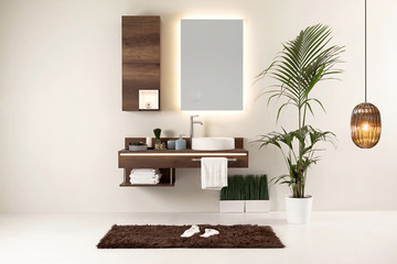 brown cupboard designed clean bathroom decorative lamp