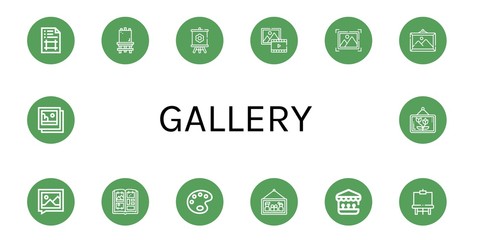 Set of gallery icons such as Artboard, Canvas, Picture, Photo album, Paint palette, Shooting gallery, Easel, Pictures , gallery