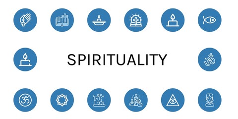 Set of spirituality icons such as Prayer, Bible, Candle, Christianity, Om, Crown of thorns, Candles, Freemasonry, Gothic , spirituality