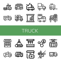 Set of truck icons such as Lorry, Truck, Caravan, Delivered, Warehouse, Cargo truck, Van, Construction site, Storage, Garbage Wood, Seeder, Cash on delivery, Promotion ,