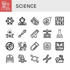 Set of science icons such as Chemist, Molecular, Scientist, Medicine, Blood cells, Periodic table, Radioactive, Vaccine, Blood sample, Planetarium, Flask, Mars, Stargazing , science