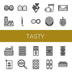 Set of tasty icons such as Chocolate, Cream, Gummy, Pick, Fish and chips, Croissant, Cookie, Banana, Raspberries, Bread, Mayonnaise, Bacon, Candy, Chocolate bar, Meatball , tasty