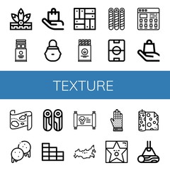 Set of texture icons such as Native american, Wafer, Handle with care, Wicker basket, Parquet, Football field, Tiles, Treasure map, Arepas, Wood, Brick wall, Russia , texture