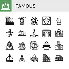 Set of famous icons such as Moai, Evora, Big ben, Russian, Walk of fame, Charleston, Hollywood, Kremlin, Arch, Taj mahal, Great sphinx of giza, Cathedral saint basil , famous