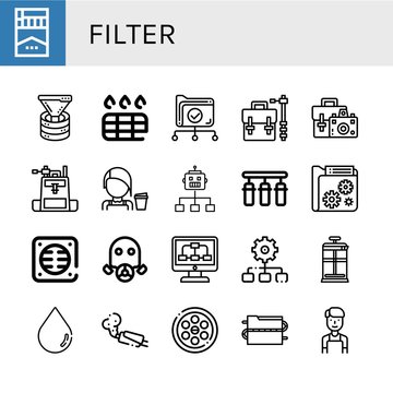 Set of filter icons such as Cigarette, Funnel, Drain, Data, Camera bag, Barista, Flow, Water filter, Gas mask, Process, French press, Blur, Muffler, Drainage , filter