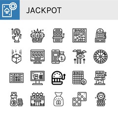 Set of jackpot icons such as Gambling, Bet, Jackpot, Slot machine, Bingo, Dice, Online gambling, Money bag, Las vegas, Roulette, Lotto, Online casino, Casino, Poker chip , jackpot