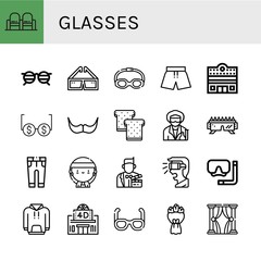 Set of glasses icons such as Movie, Glasses, d glasses, Goggles, Swimsuit, Cinema, Moustache, Toast, Scientist, Sunglasses, Trousers, Gangsta, Actor, Virtual reality ,