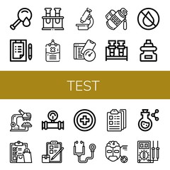 Set of test icons such as Blood test, Checklist, Chemical, Rules, Microscope, Test, Tube, Flask, Ink, Dropper, Research, Check, Manometer, Red cross, Stethoscope, Clipboard ,