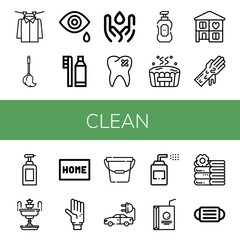 Set of clean icons such as Laundry, Mop, Tear, Dental hygiene, Water, Broken tooth, Liquid soap, Hot tub, Home, Hand washing, Soap, Fountain, Doormat, Glove, Bucket, Electric car , clean