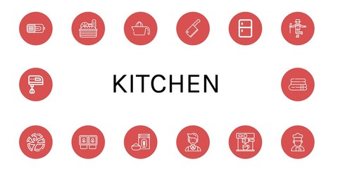 Set of kitchen icons such as Ham, Bread, Juicer, Cleaver, Fridge, Tap, Broken plate, Yogurt, Flour, Waiter, Coffee maker, Cooker, Electric mixer, Towel , kitchen