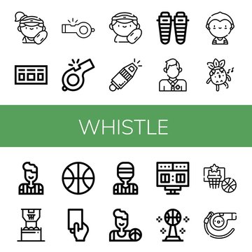 Set of whistle icons such as Lifeguard, Scoreboard, Whistle, Shin, Soccer player, Referee, Basketball, Red card , whistle