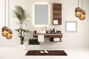 brown cupboard designed clean bathroom decorative lamp