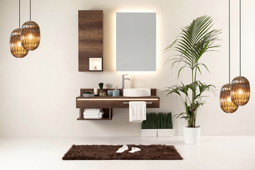 brown cupboard designed clean bathroom decorative lamp