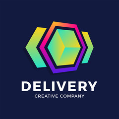 Abstract arrow and box delivery logo geometric hexagonal object logotype template. cube shape icon symbol design for corporate business, apps, data technology.