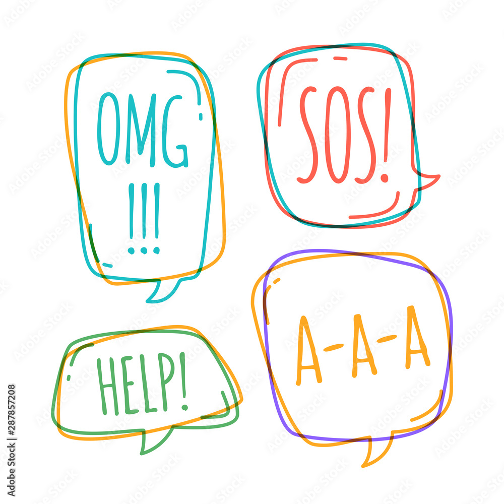 Poster set of different speech bubble in doodle style with text omg, help, sos inside