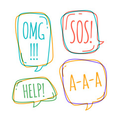 Set of different speech bubble in doodle style with text omg, help, sos inside