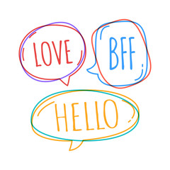 Set of different speech bubble in doodle style with text love, bff, hello inside