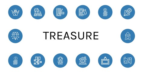 Set of treasure icons such as Jewelry, Ruined, Sign, Money bag, Coin, Diamond, Dollar bills, Crystal, Treasure map, Sack , treasure