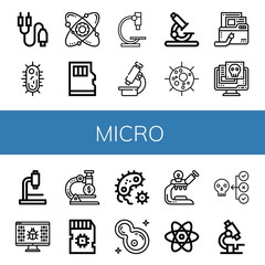 Set of micro icons such as Jack connector, Virus, Atom, Micro sd, Microscope, Sd card, Bacteria , micro