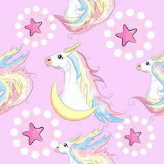 Seamless pattern with cute unicorns, stars, hearts, rainbow, moon, doodle abstractions. Magic endless background with little unicorns.