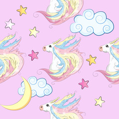 Seamless pattern with cute unicorns, stars, hearts, rainbow, moon, doodle abstractions. Magic endless background with little unicorns.
