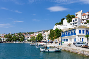 View to the picturesque harbor of Skopelos island, Greece - obrazy, fototapety, plakaty