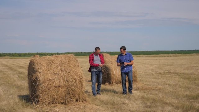 teamwork agriculture smart lifestyle farming concept. two men farmers workers walking studying haystack in field on digital tablet. teamwork slow motion video. people agronomist botanist farmers