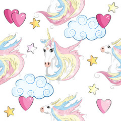 Seamless pattern with unicorns, stars, clouds and abstraction, paint splashes. Endless cute colorful background. Hand drawn cartoon doodle sketches.