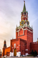 Fototapeta na wymiar Beautiful Spasskaya Tower and The Tsars Tower with Kremlin walls in Moscow at sunrise, Russia