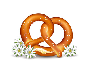 Brezel mit Edelweiss,  Laugenbrezel, Salzbrezel, Laugenbrezel oder Brezn zum Oktoberfest, Vektor Illustration isoliert auf weißem Hintergrund