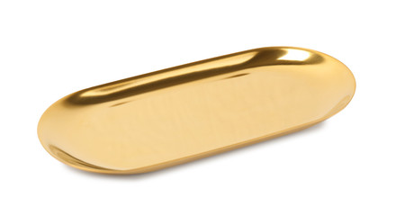 Shiny stylish gold tray on white background