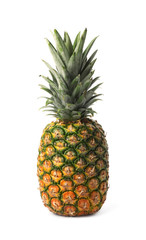 Tasty whole pineapple with leaves on white background