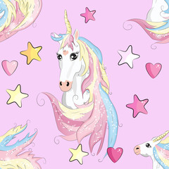Obraz na płótnie Canvas pattern with cute unicorns, clouds,rainbow and stars. Magic background with little unicorns.