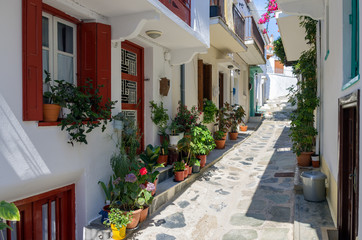 Architecture in the Chora village of Skopelos island, Greece